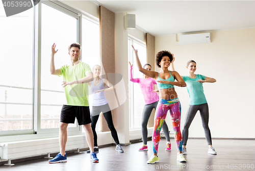 Image of group of smiling people dancing in gym or studio