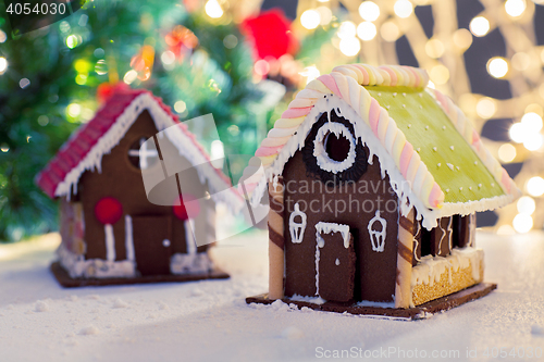 Image of closeup of beautiful gingerbread house at home