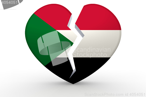 Image of Broken white heart shape with Sudan flag