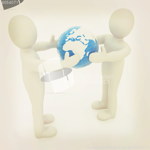 Image of 3d mens around the earth kindly make contact. 3D illustration. V