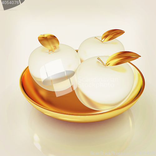 Image of Metall apples on a plate. 3D illustration. Vintage style.