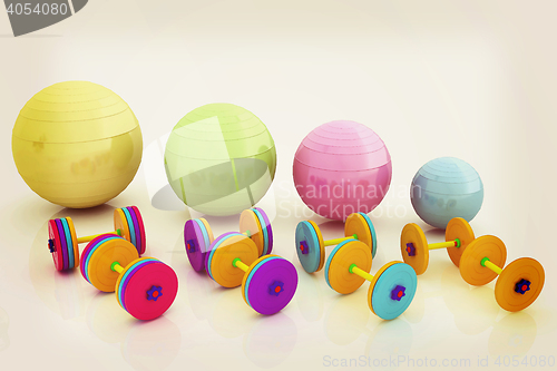 Image of Fitness ball and dumbell. 3D illustration. Vintage style.