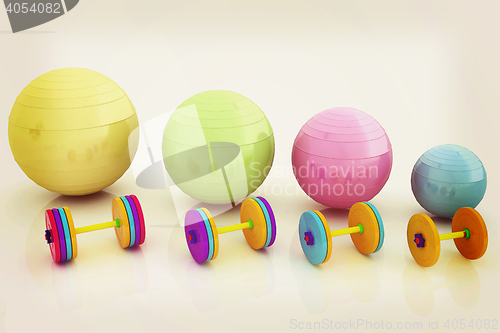 Image of Fitness ball and dumbell. 3D illustration. Vintage style.