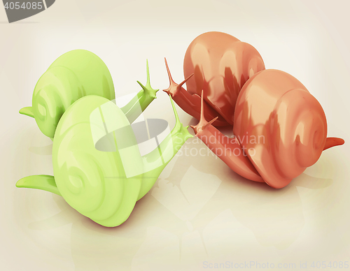Image of 3d fantasy animals, snails on white background . 3D illustration