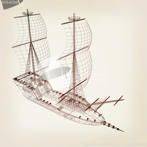 Image of 3d model ship. 3D illustration. Vintage style.