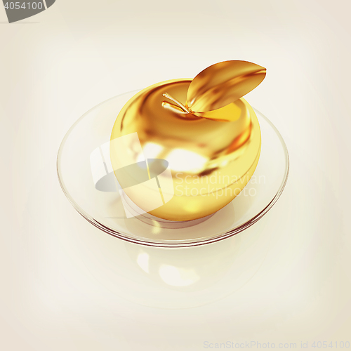 Image of Gold apple on a plate. 3D illustration. Vintage style.