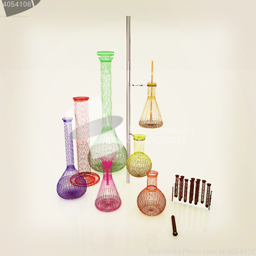 Image of Chemistry set, with test tubes, and beakers filled with colored 