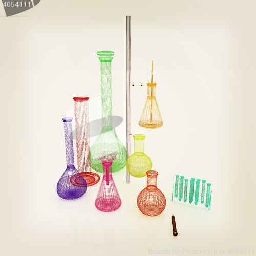 Image of Chemistry set, with test tubes, and beakers filled with colored 