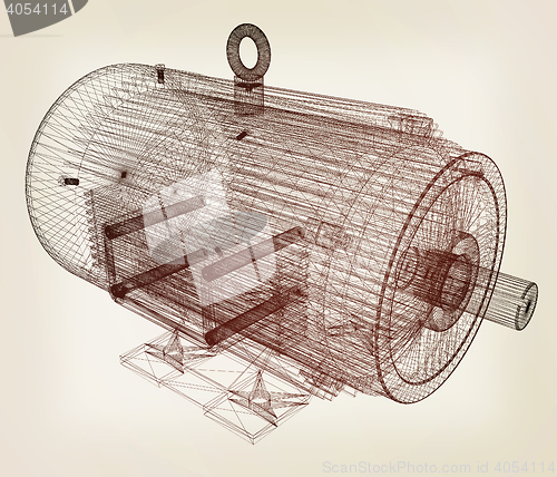 Image of 3d-model of an electric motor. 3D illustration. Vintage style.