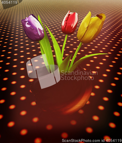 Image of Tulips with leaf in vase. 3D illustration. Vintage style.