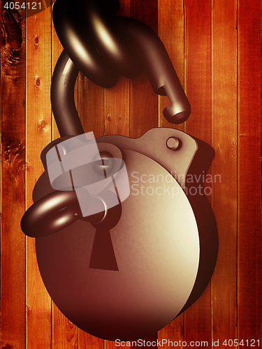 Image of Old padlock on a wooden door. 3D illustration. Vintage style.