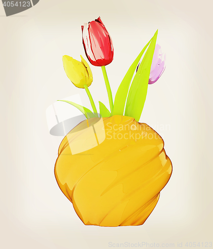 Image of Tulips with leaf in vase. 3D illustration. Vintage style.