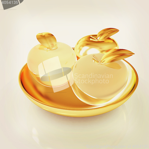 Image of Glass apple on a plate. 3D illustration. Vintage style.