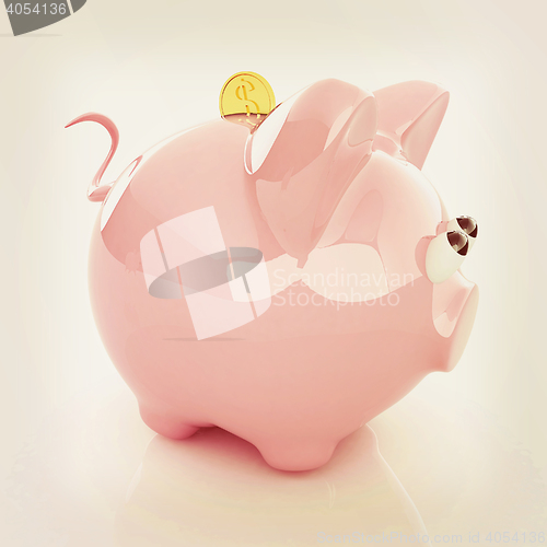 Image of Piggy bank with gold coin on white. 3D illustration. Vintage sty