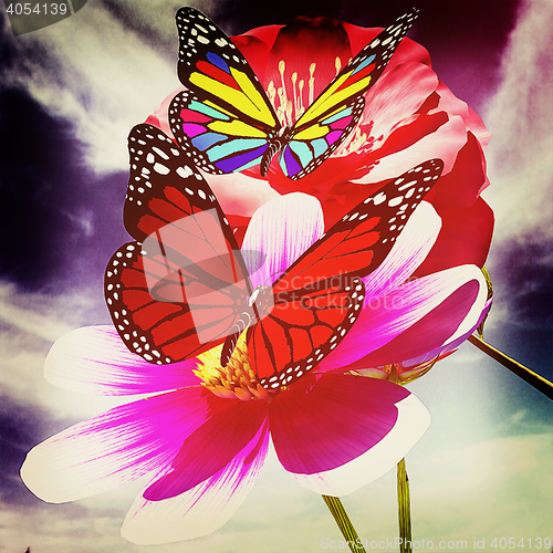 Image of Beautiful Flower and butterfly against the sky . 3D illustration