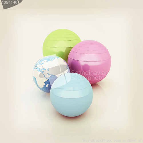 Image of Pilates fitness ball and earth. 3D illustration. Vintage style.