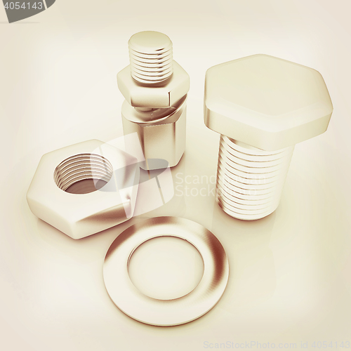 Image of bolts with a nuts and washers. 3D illustration. Vintage style.