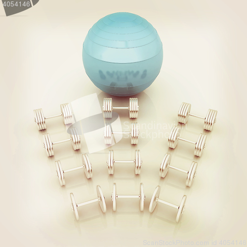 Image of Fitness ball and dumbell. 3D illustration. Vintage style.