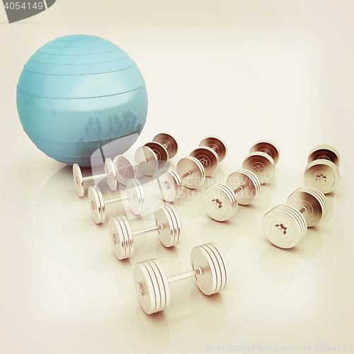 Image of Fitness ball and dumbell. 3D illustration. Vintage style.