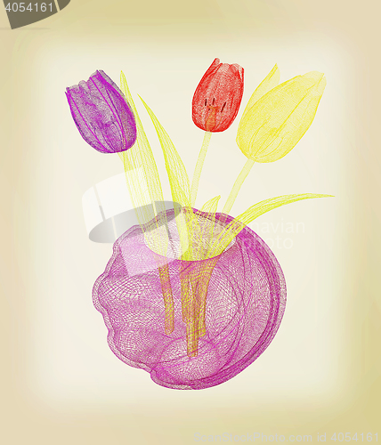 Image of Tulips with leaf in vase. 3D illustration. Vintage style.