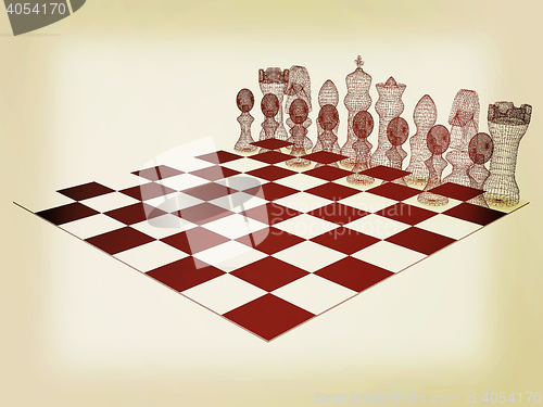 Image of Chessboard with chess pieces. 3D illustration. Vintage style.