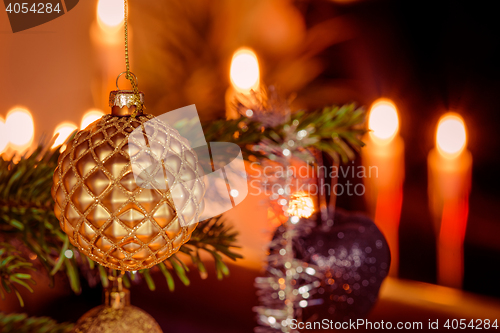 Image of Golden Xmas ball and Christmas lights