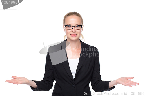 Image of Business woman showing hands sign to sides.