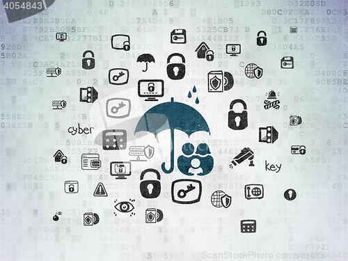 Image of Protection concept: Family And Umbrella on Digital Data Paper background