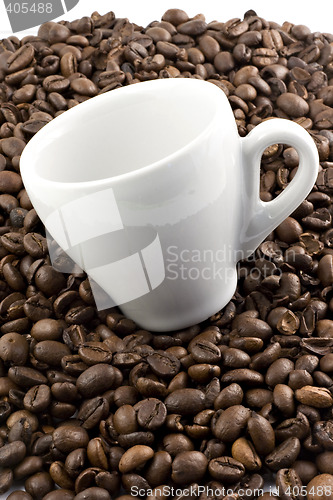 Image of Classic white espresso cup on coffee beans