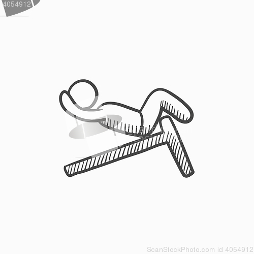 Image of Man doing crunches on incline bench sketch icon.