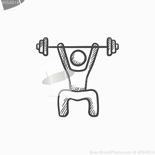 Image of Man exercising with barbell sketch icon.