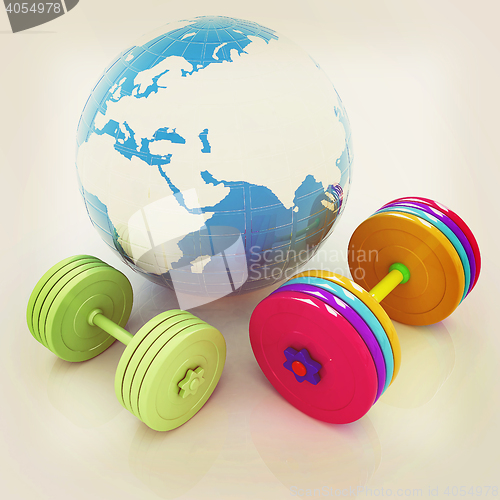 Image of dumbbells and earth. 3D illustration. Vintage style.