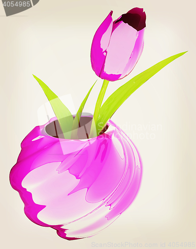 Image of Tulips with leaf in vase. 3D illustration. Vintage style.