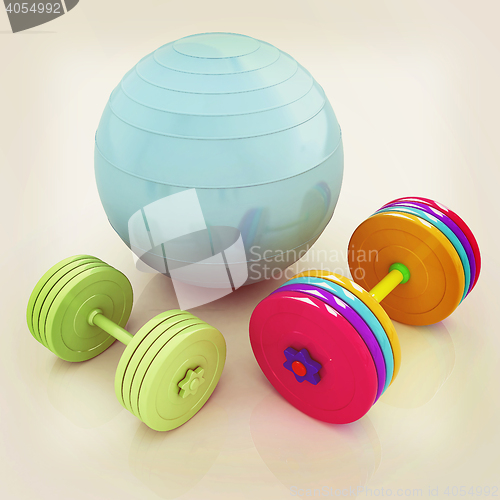 Image of Fitness ball and dumbell. 3D illustration. Vintage style.