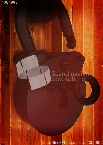 Image of Old padlock on a wooden door. 3D illustration. Vintage style.