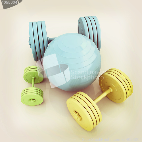Image of Fitness ball and dumbell. 3D illustration. Vintage style.
