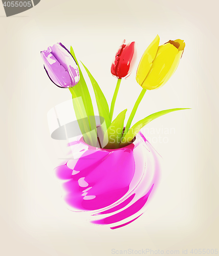 Image of Tulips with leaf in vase. 3D illustration. Vintage style.