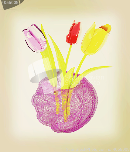 Image of Tulips with leaf in vase. 3D illustration. Vintage style.