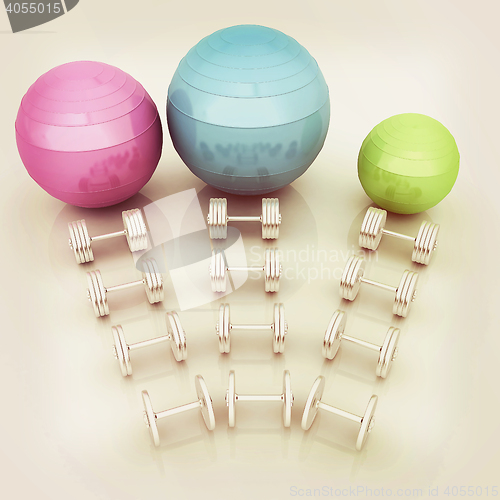 Image of Fitness ball and dumbell. 3D illustration. Vintage style.