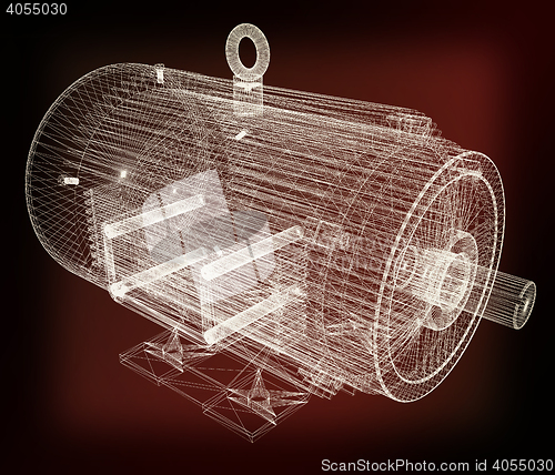 Image of 3d-model of an electric motor. 3D illustration. Vintage style.