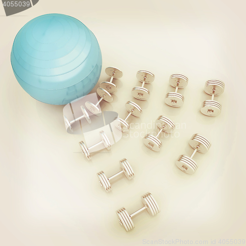 Image of Fitness ball and dumbell. 3D illustration. Vintage style.