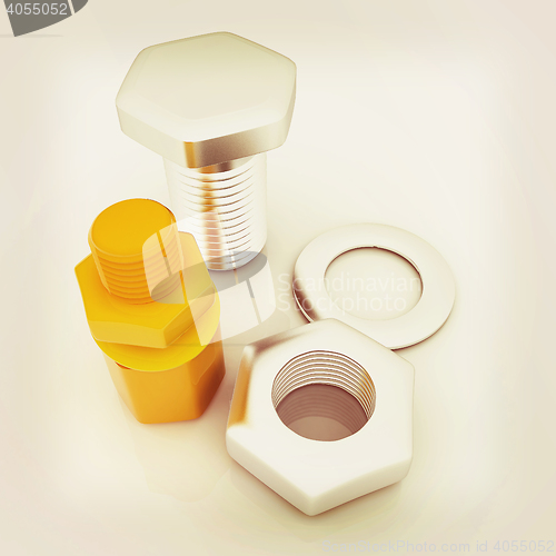 Image of bolts with a nuts and washers. 3D illustration. Vintage style.