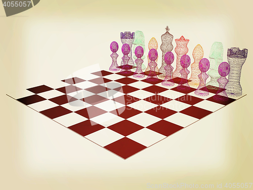 Image of Chessboard with chess pieces. 3D illustration. Vintage style.