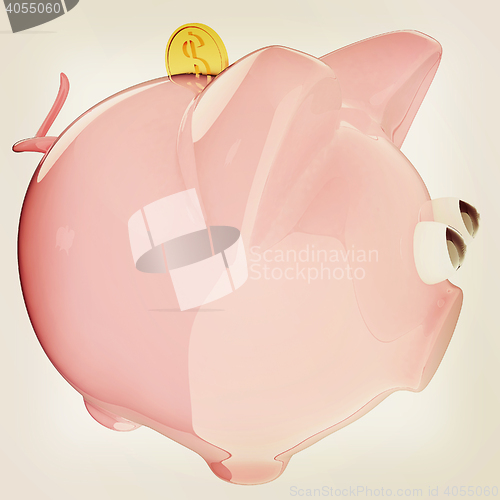 Image of Piggy bank with gold coin on white. 3D illustration. Vintage sty