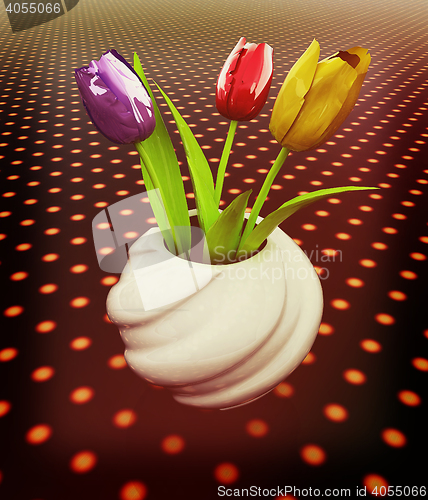 Image of Tulips with leaf in vase. 3D illustration. Vintage style.