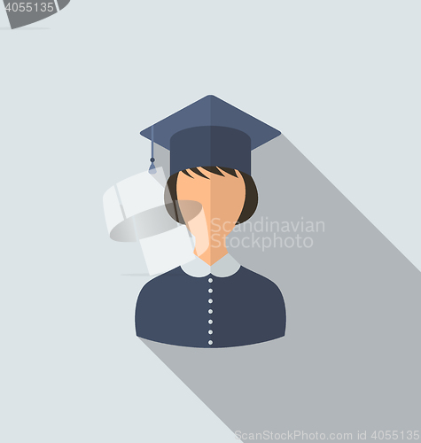 Image of Flat icon of female graduate in graduation hat, simple style wit
