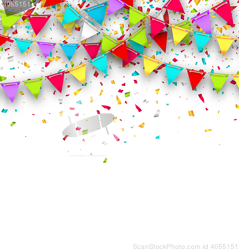 Image of Colorful Background with Hanging Bunting and Confetti for Your Party
