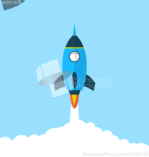Image of Flat icon of rocket with long shadow style, startup concept