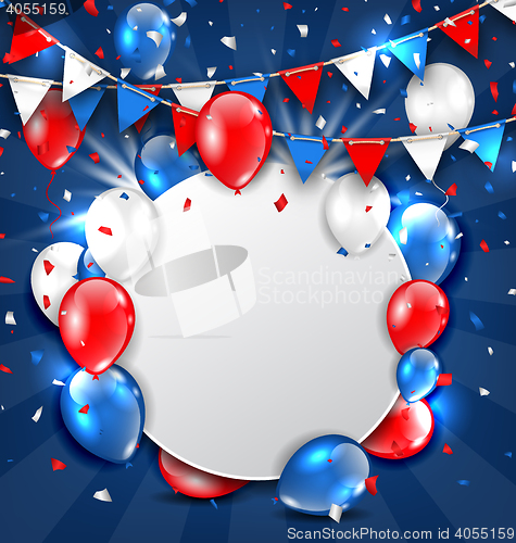 Image of Greeting Card for American Holidays, Colorful Bunting, Balloons and Confetti