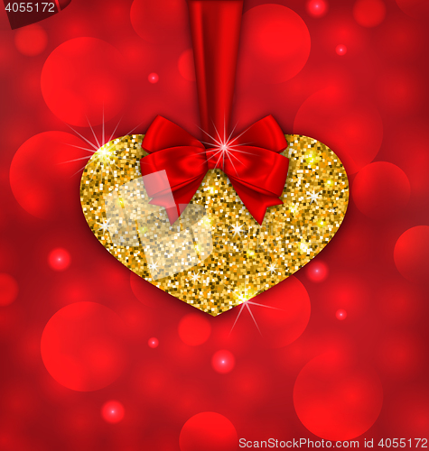 Image of Shimmering Golden Heart with Red Ribbon